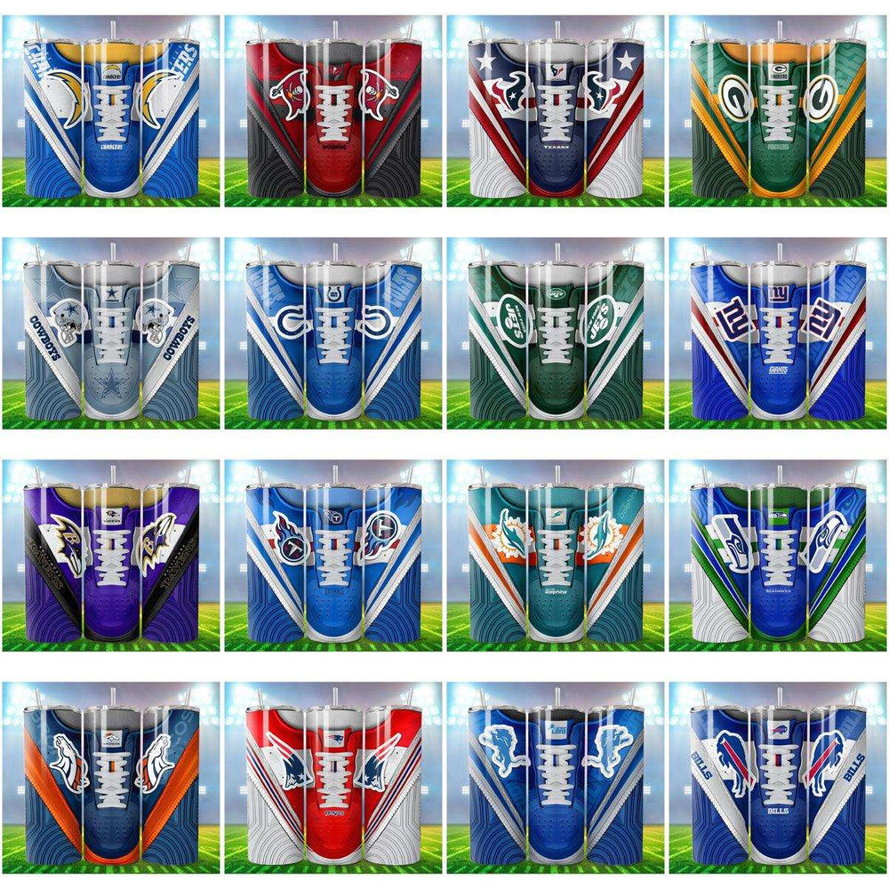 NFL team-themed sneaker tumbler designs for DTF/DTG printing, featuring vibrant team logos and colors.