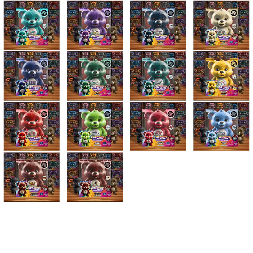 Colorful Care Bears with NFL team logos, print-ready designs for merch