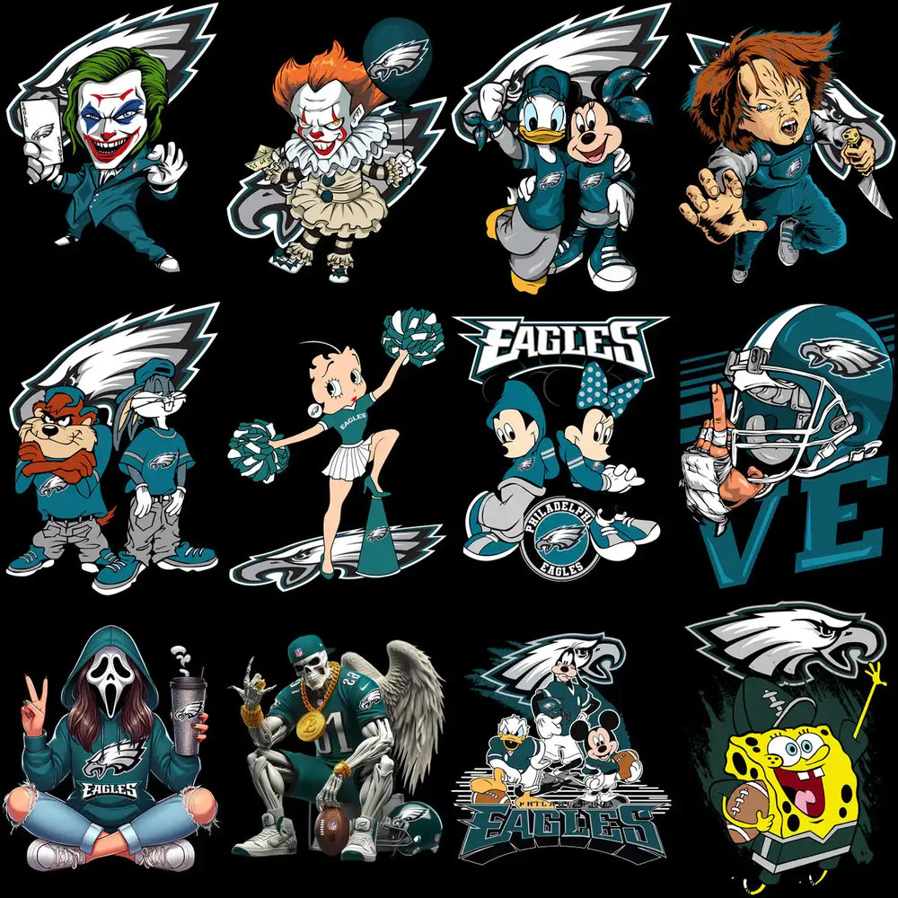 Philadelphia Eagles themed cartoon designs for DTF, DTG, embroidery, and tumbler wraps