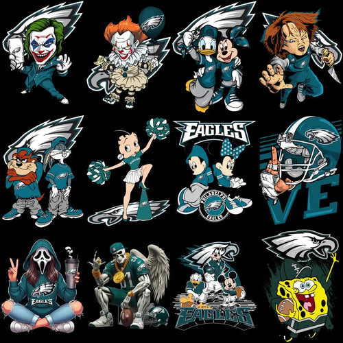 Philadelphia Eagles themed cartoon designs for DTF, DTG, embroidery, and tumbler wraps