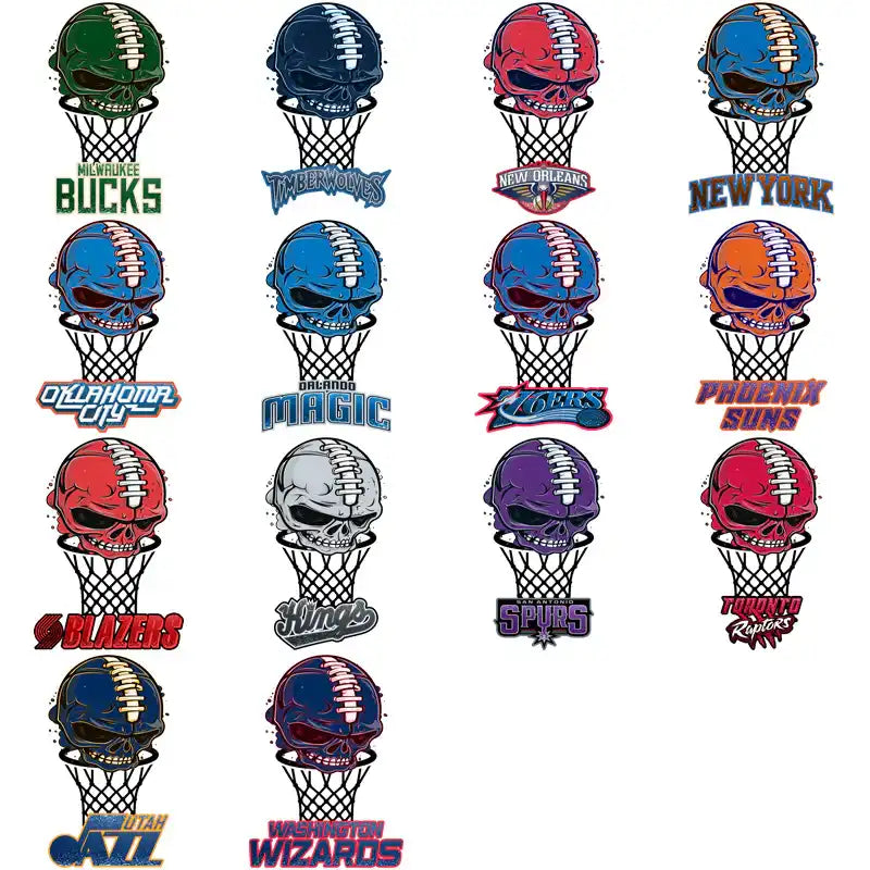 Basketball skull designs for NBA teams, print-ready PNGs for DTF/DTG, embroidery, and tumbler wraps.