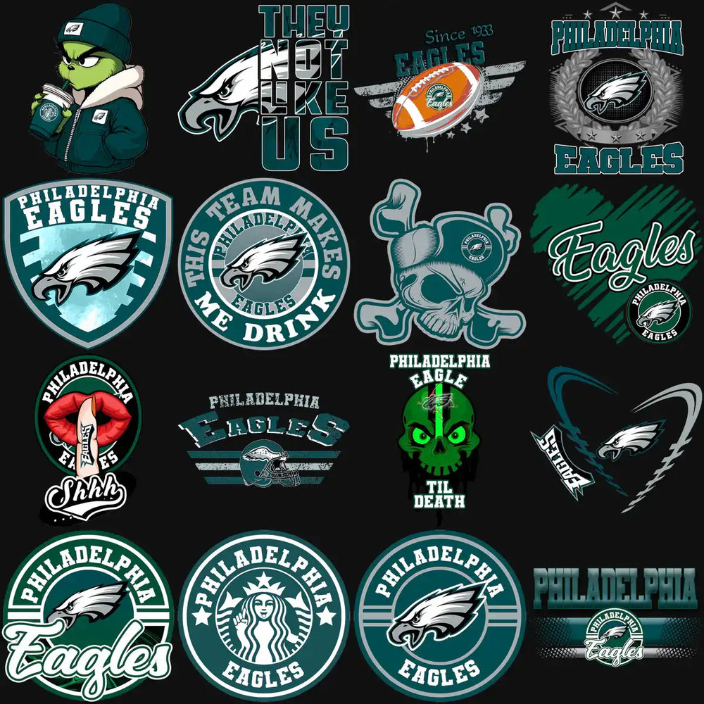 Philadelphia Eagles-themed designs for DTF/DTG, embroidery, and tumbler wraps with print-ready PNG, SVG, PES files.