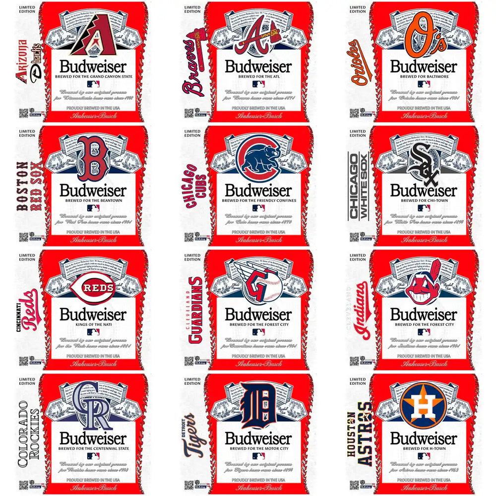 Budweiser MLB limited edition beer labels for various teams, print-ready designs for merchandise.