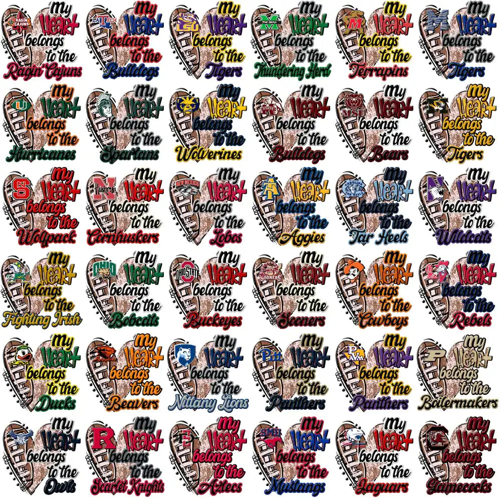 College football team heart designs for DTF/DTG printing, featuring logos and team names in vibrant colors.