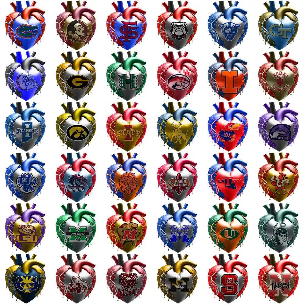 College team logos on anatomical heart designs for DTF, DTG, embroidery, and tumbler wraps