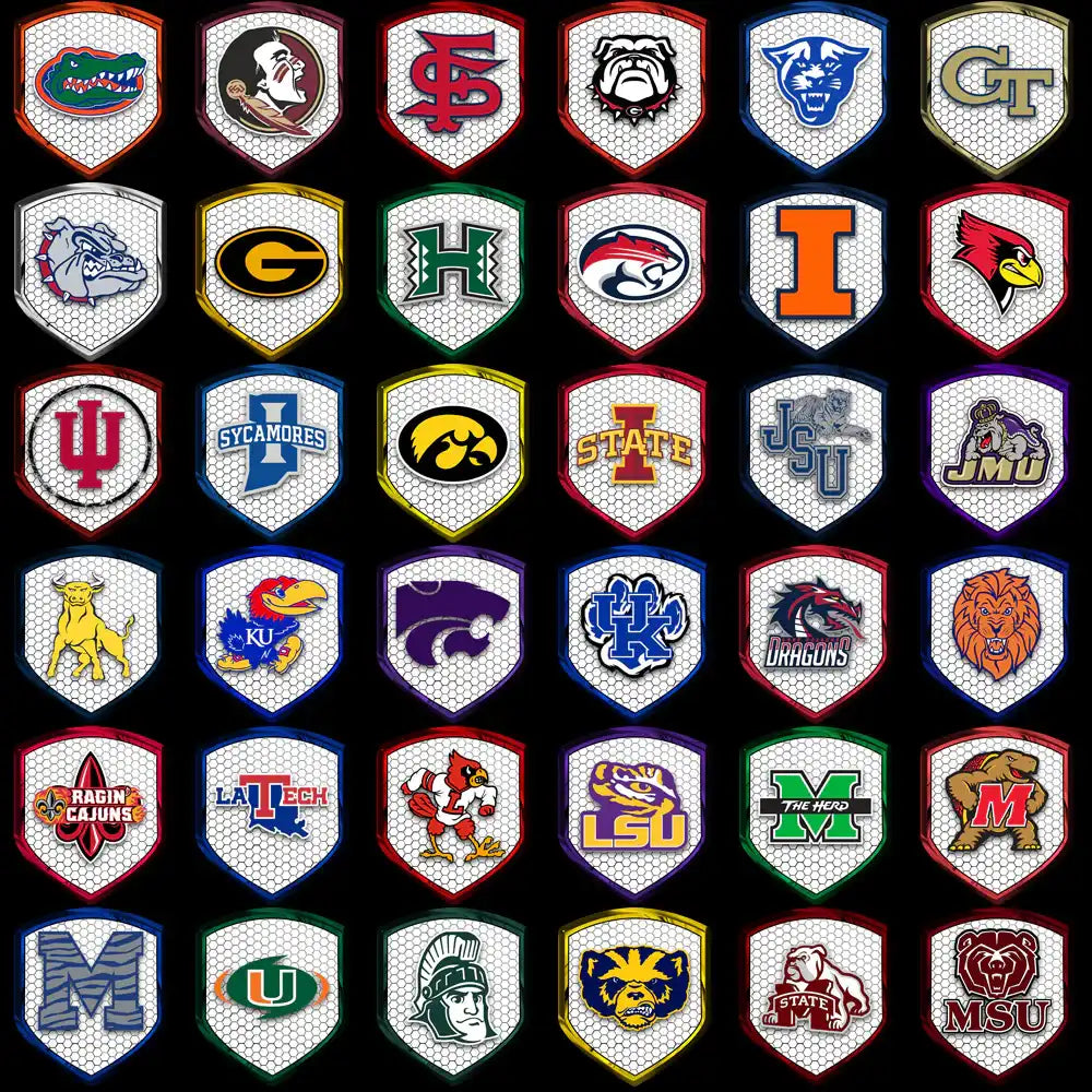 College sports team logos on shield patches for DTF, DTG, embroidery designs