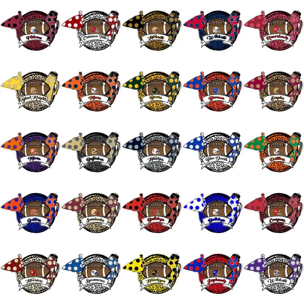 Football-themed designs with team names and colorful patterns for DTF/DTG and embroidery projects.