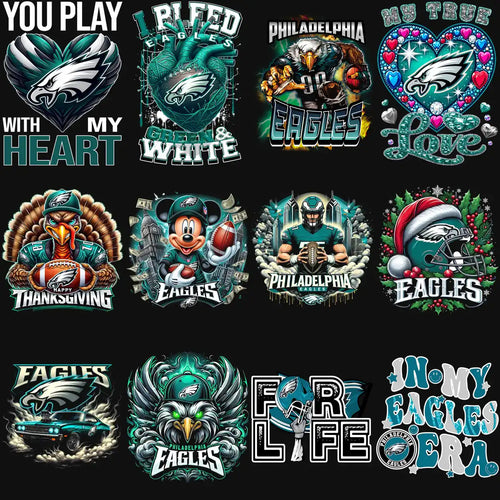 Philadelphia Eagles fan designs for t-shirts, featuring hearts, eagles, and festive themes