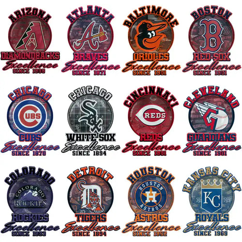 MLB team logos with 'Excellence Since' text, print-ready for DTF/DTG, embroidery, tumbler wraps