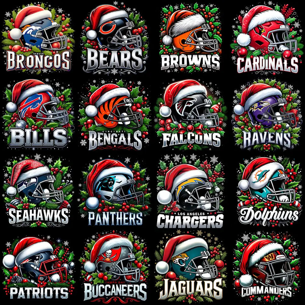 NFL team helmets with Santa hats, holly, and berries for holiday designs