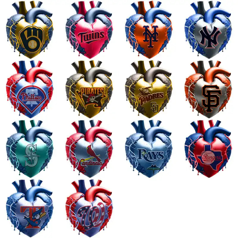 Baseball team heart designs for DTF/DTG and embroidery, featuring MLB logos in vibrant colors.