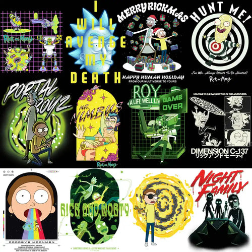 Rick and Morty themed DTF/DTG designs, print-ready PNGs for t-shirts, featuring iconic quotes and characters.