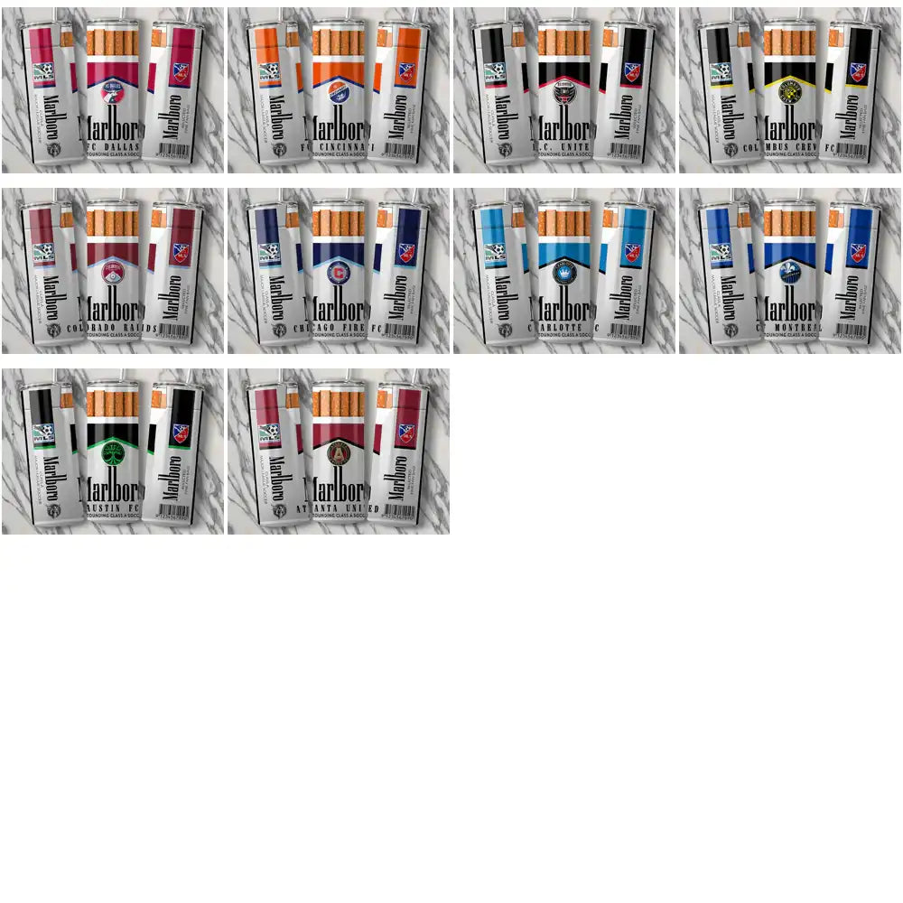 Marlboro cigarette packs featuring MLS team logos for FC Dallas, Columbus Crew, Chicago Fire, and others