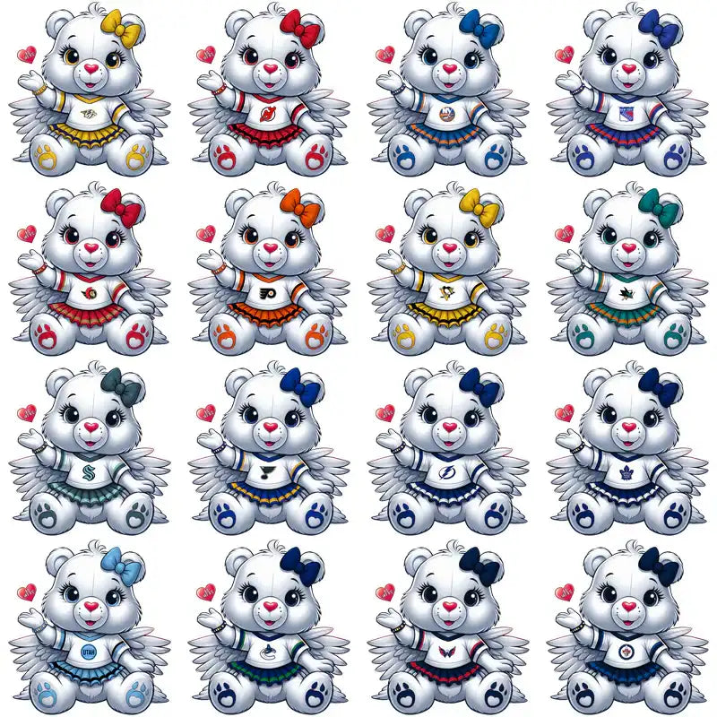 Cute angel bear designs in sports jerseys with wings, hearts, and bows for DTF/DTG printing