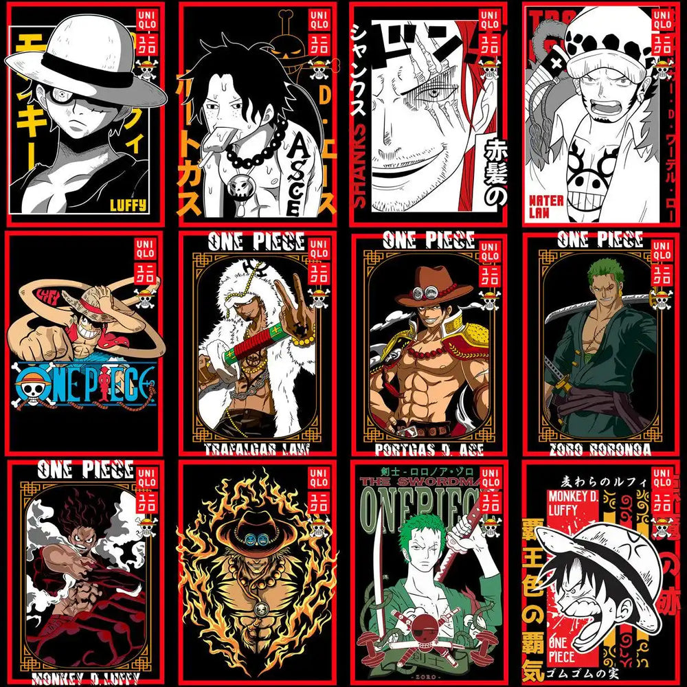 One Piece anime character designs for DTF/DTG printing, featuring Luffy, Zoro, and Ace in bold, print-ready art.