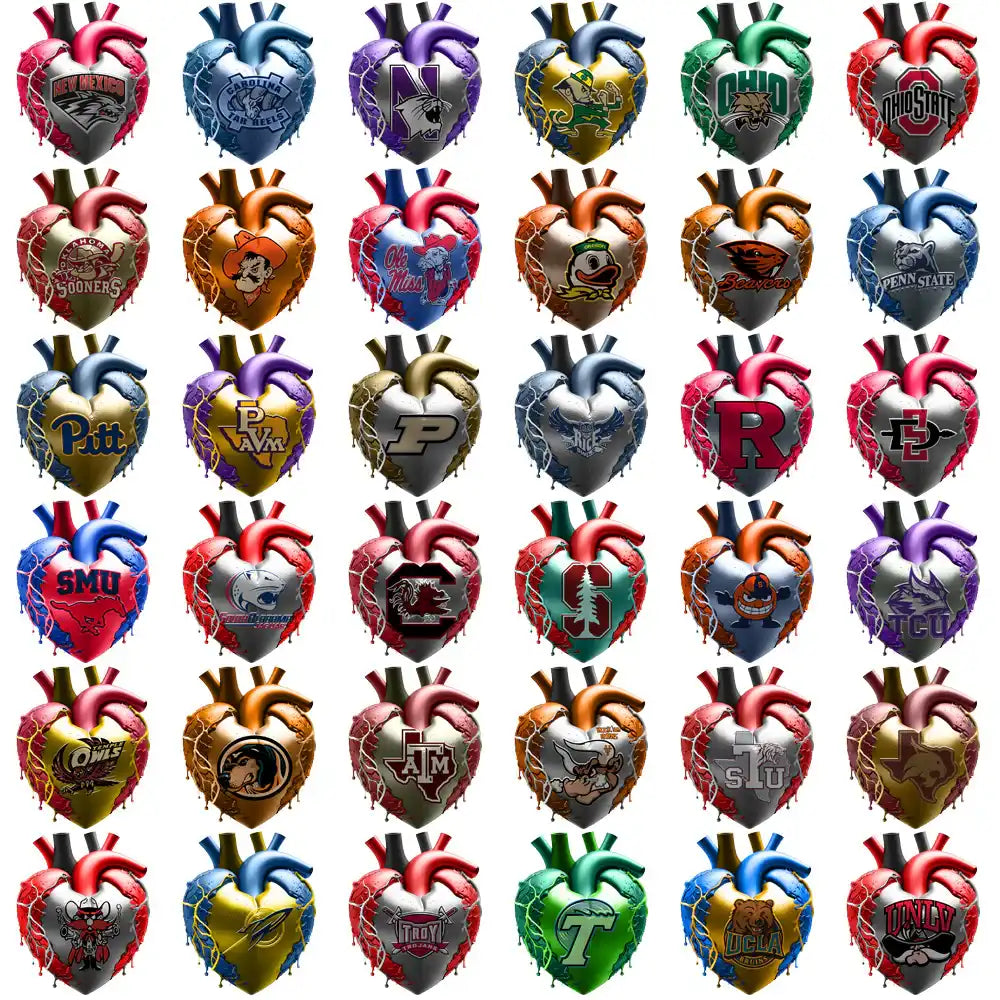 College team logos on anatomical heart designs for DTF, DTG, embroidery, and tumbler wraps