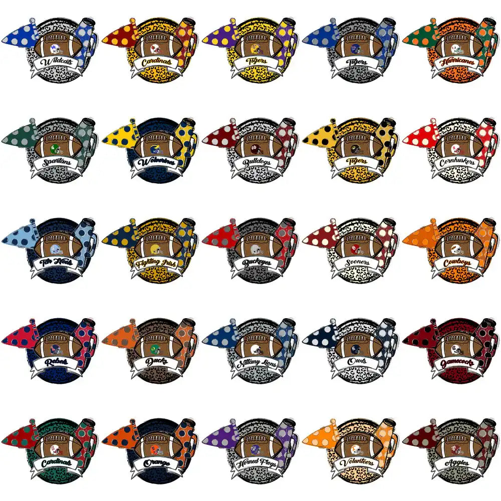 Football team logos with colorful patterns and banners for DTF/DTG designs