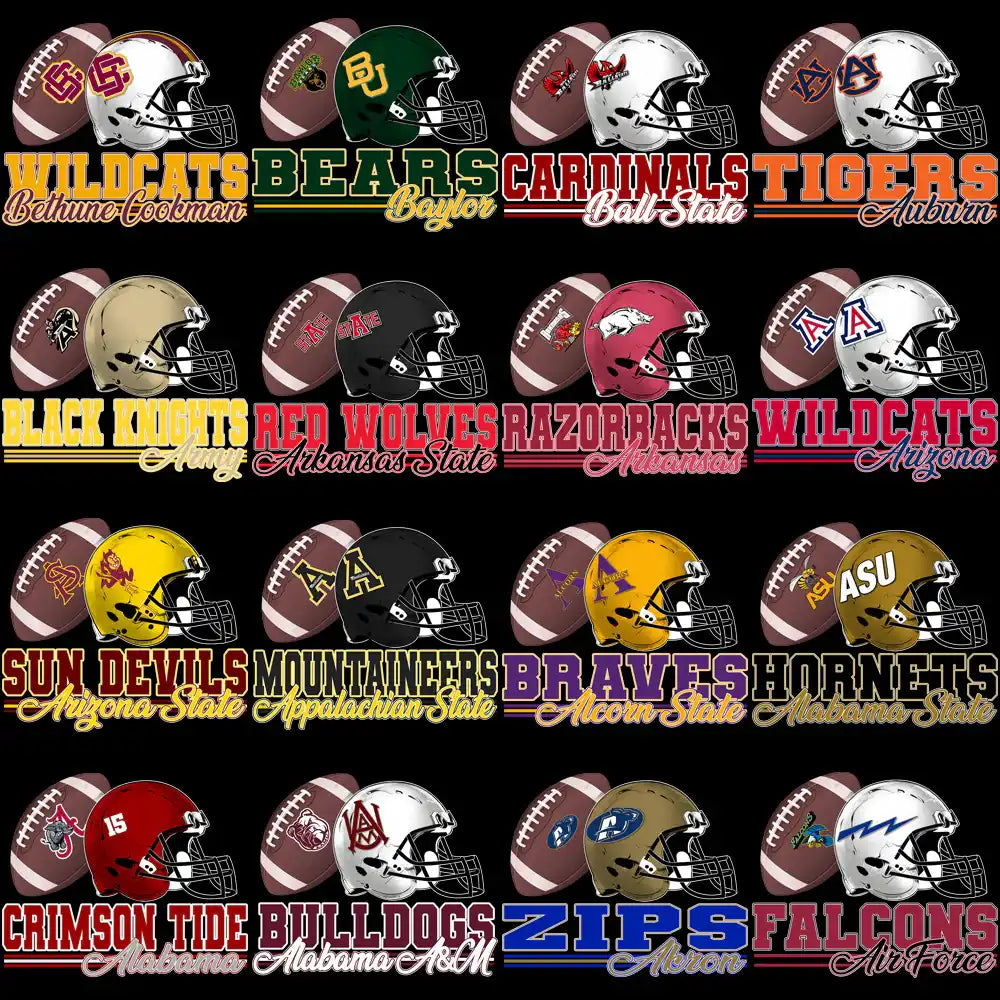 College football helmets and team logos for DTF/DTG designs, including Wildcats, Bears, Cardinals, and more.