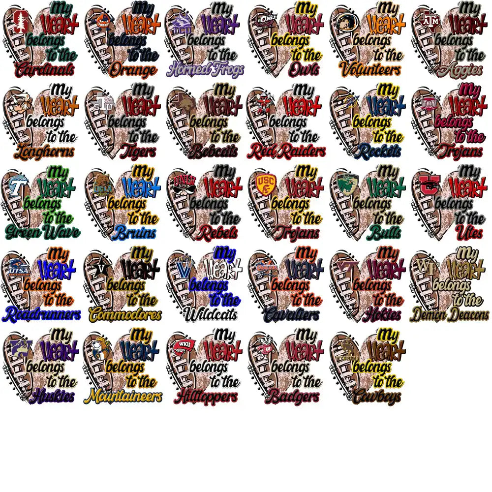 My Heart Belongs To College Teams Football Heart Designs Bundle for DTF DTG Print