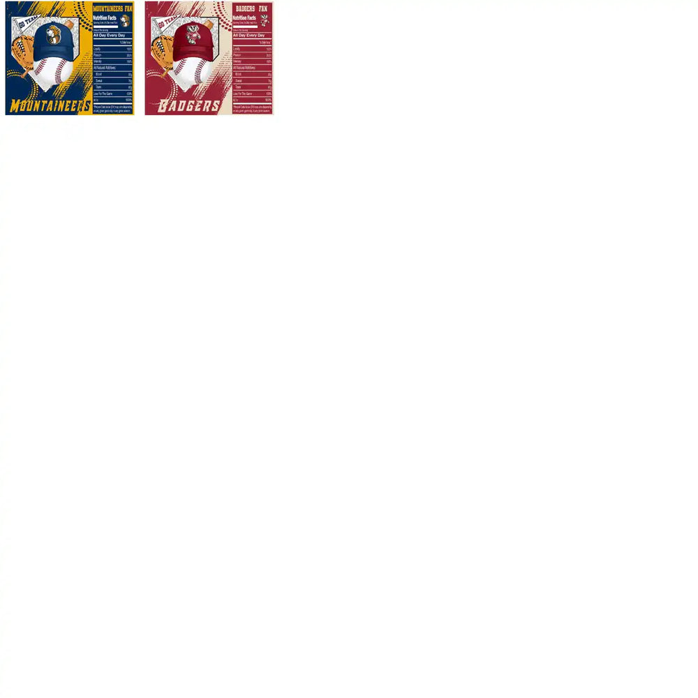 Baseball-themed designs with team hats, gloves, and nutrition facts for Mountaineers and Badgers fans