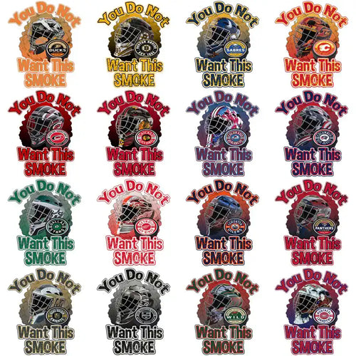 Hockey goalie mask designs with team logos and 'You Do Not Want This SMOKE' text, print-ready for DTF/DTG
