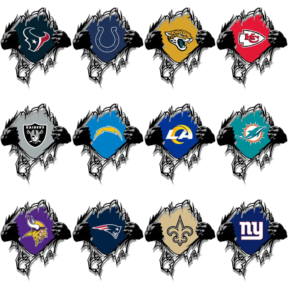 NFL team logos in ripped shirt designs for DTF, DTG, and embroidery