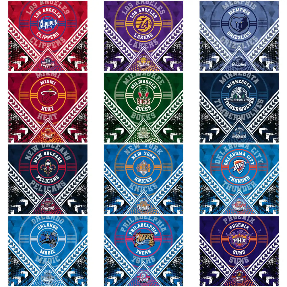 NBA team logos in geometric designs for DTF/DTG, embroidery & tumbler wraps. Print-ready PNG, SVG, PES.
