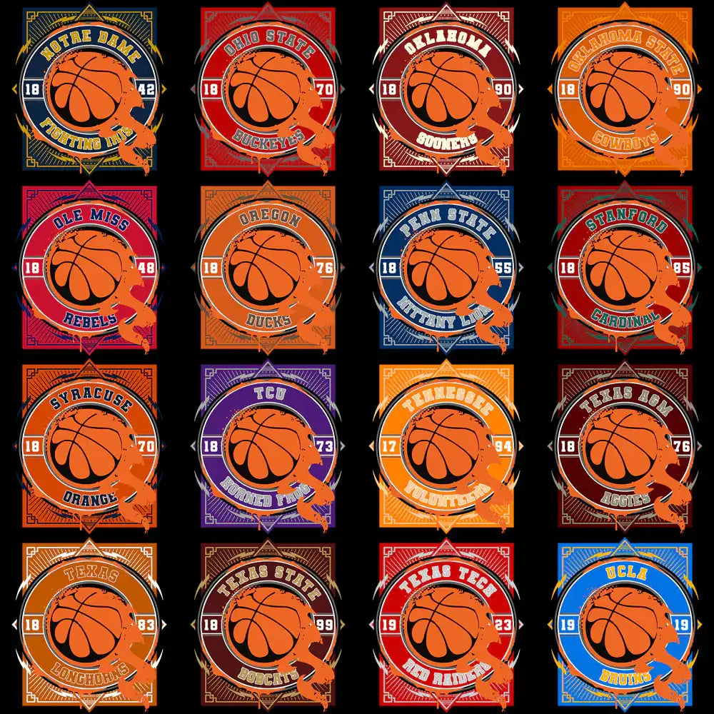 College basketball team logos with vintage designs, print-ready for DTF, DTG, embroidery, and tumbler wraps.