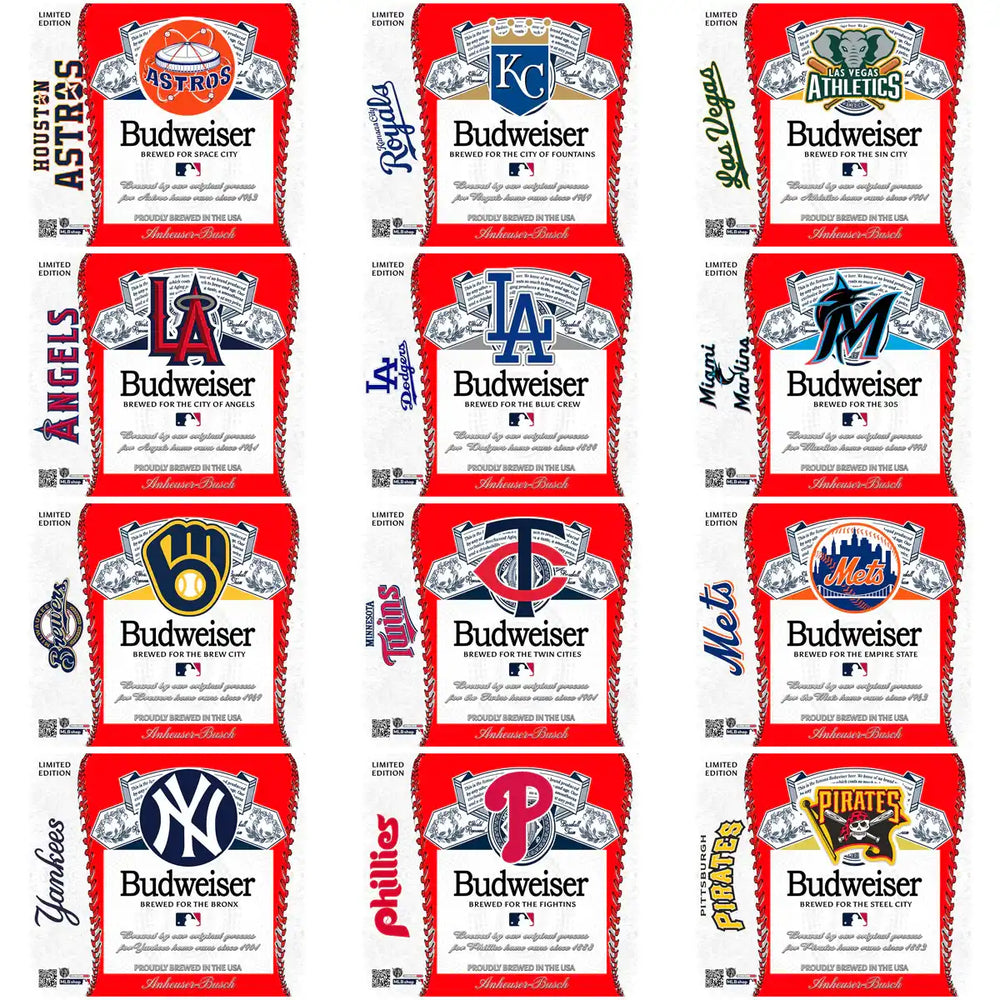 Budweiser MLB limited edition beer labels for teams like Astros, Yankees, and Mets