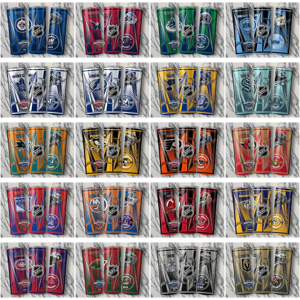 NHL team tumbler wrap designs for sublimation, featuring Stanley Cup and conference logos in vibrant colors