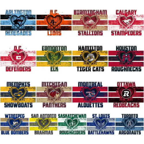 Heart-shaped sports team logos with distressed stripes, print-ready for DTF/DTG & embroidery designs