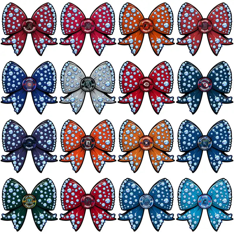 Sparkling MLB team bow designs for DTF/DTG, embroidery, and tumbler wraps, print-ready PNG, PES, SVG.