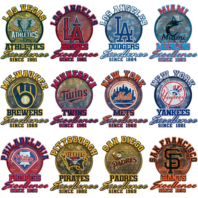 Baseball team logos with 'Excellence Since' text, ideal for DTF/DTG and embroidery designs.