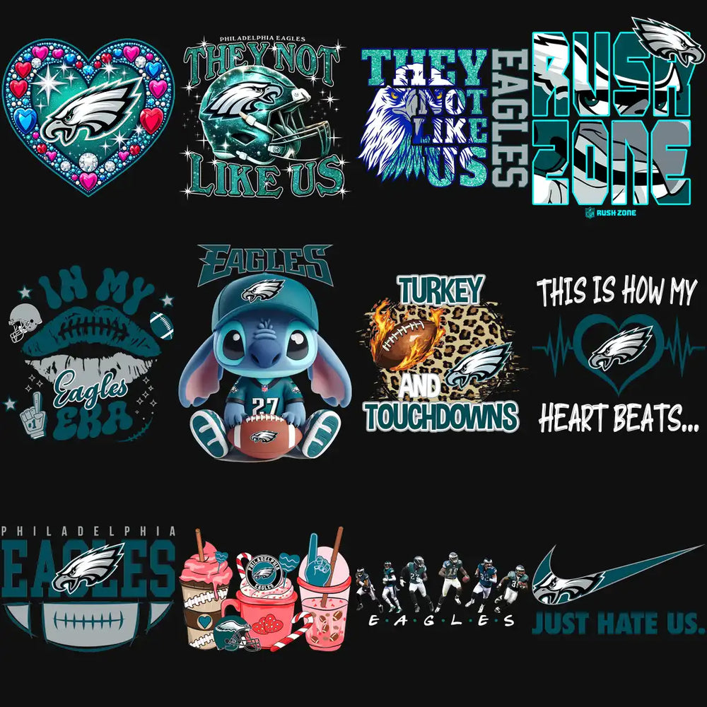 Philadelphia Eagles fan designs: glitter helmets, Stitch art, turkey touchdowns, heartbeats, rush zone, and team slogans for DTF/DTG prints