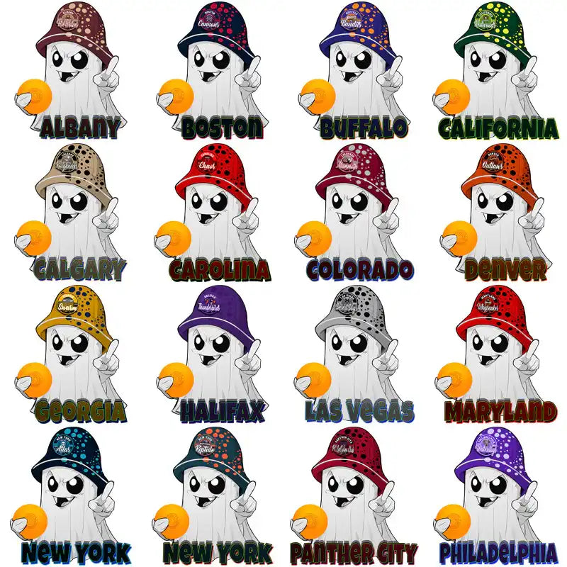 Ghost characters in colorful hats with city names, holding oranges, for DTF/DTG designs.