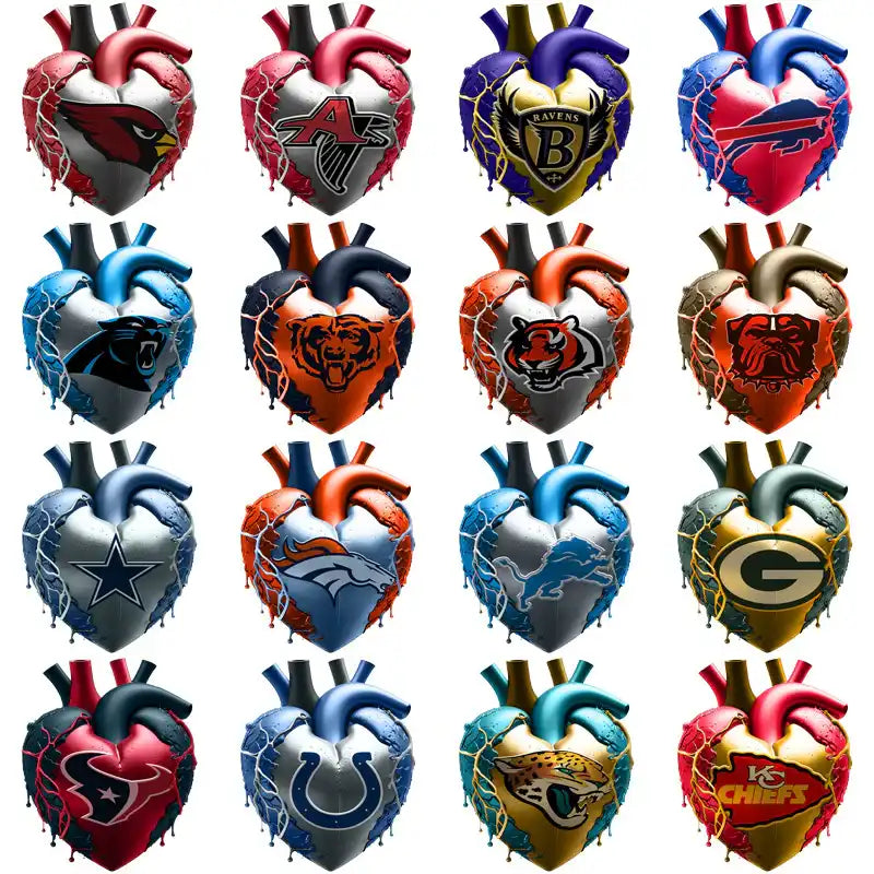 NFL team logos on anatomical heart designs for DTF/DTG and embroidery