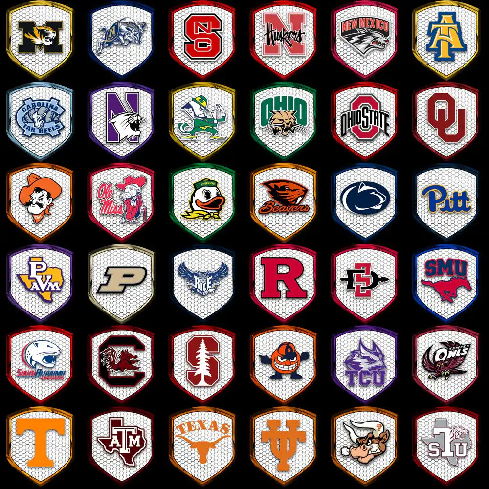 College sports team logos in shield designs for DTF/DTG and embroidery projects