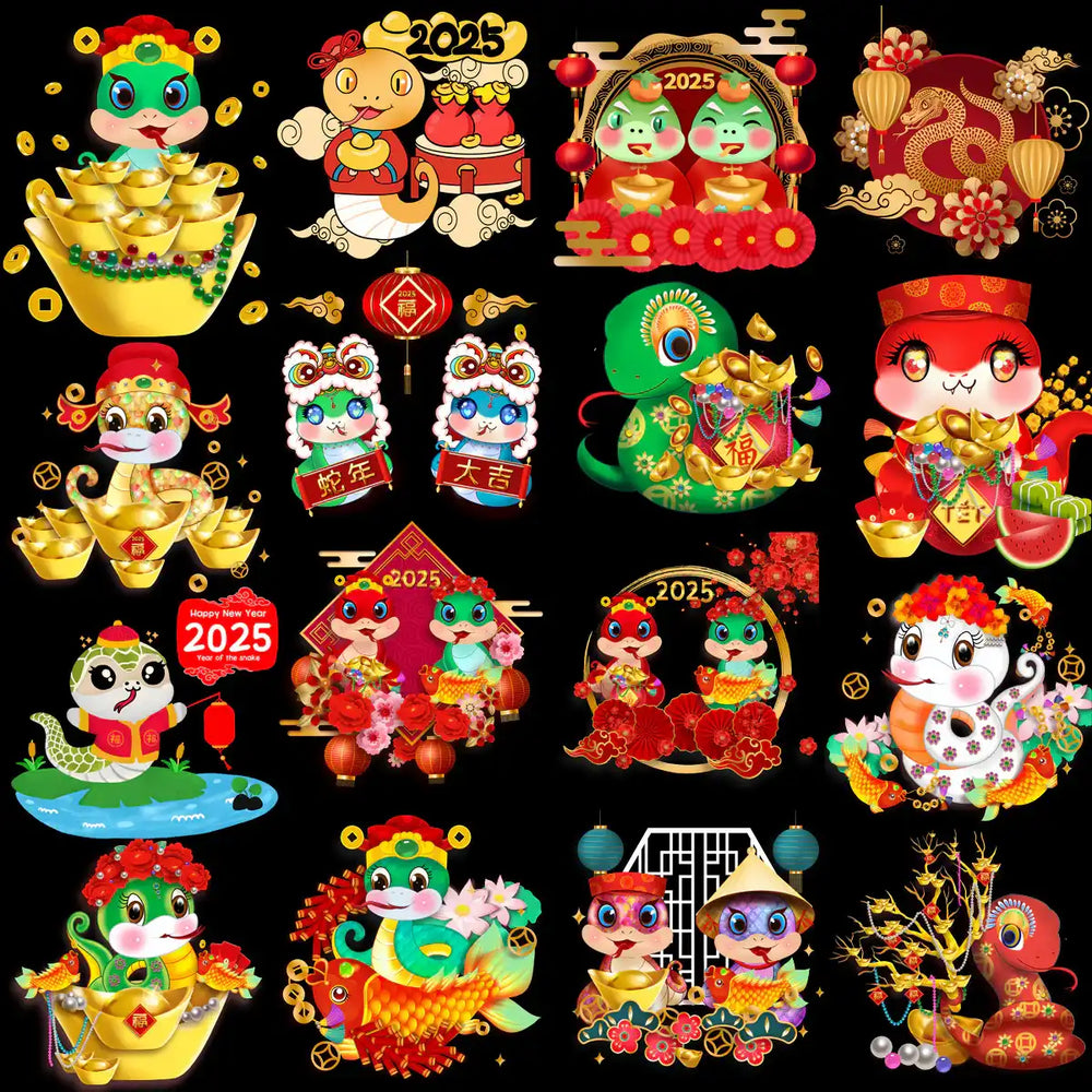 2025 Chinese New Year snake designs with gold coins, lanterns, and festive elements for DTF/DTG printing