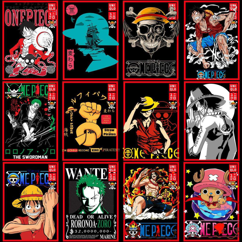 One Piece anime t-shirt designs with Luffy, Zoro, and Straw Hat Pirates, print-ready for DTF DTG