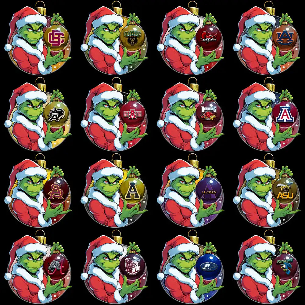 Grinch in Santa hat holding NCAA team logo ornaments, festive Christmas design for DTF DTG printing