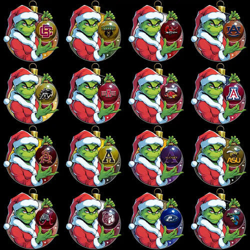 Grinch in Santa hat holding NCAA team logo ornaments, festive Christmas design for DTF DTG printing