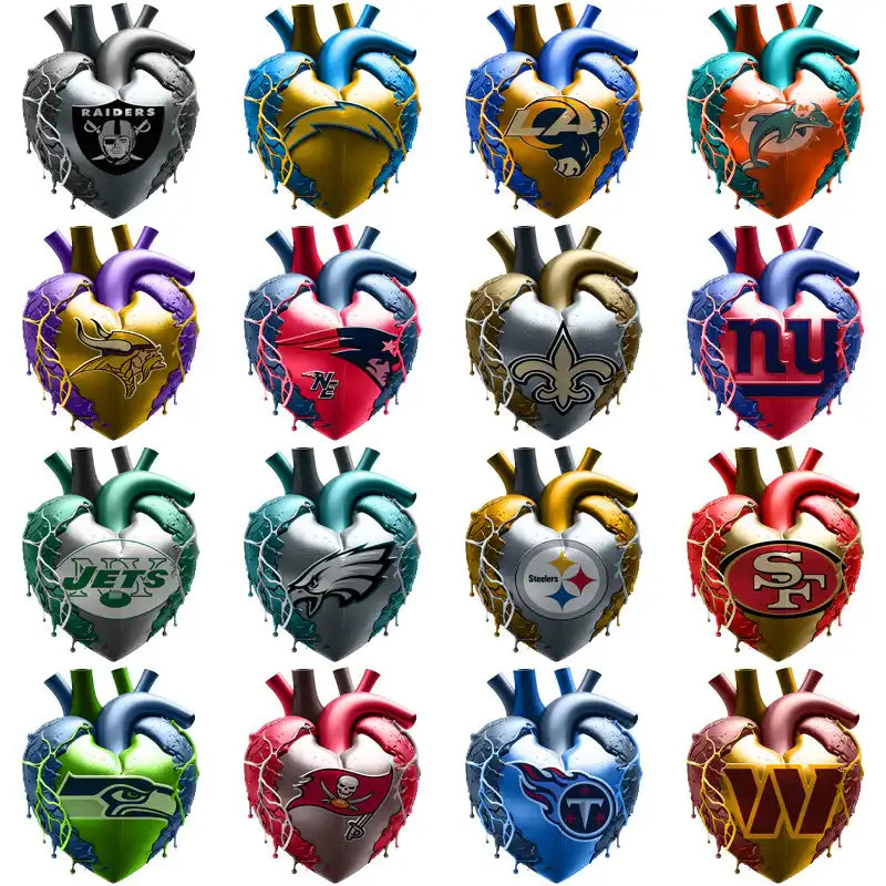 NFL team logos on anatomical heart designs, print-ready for DTF, DTG, embroidery, and tumbler wraps