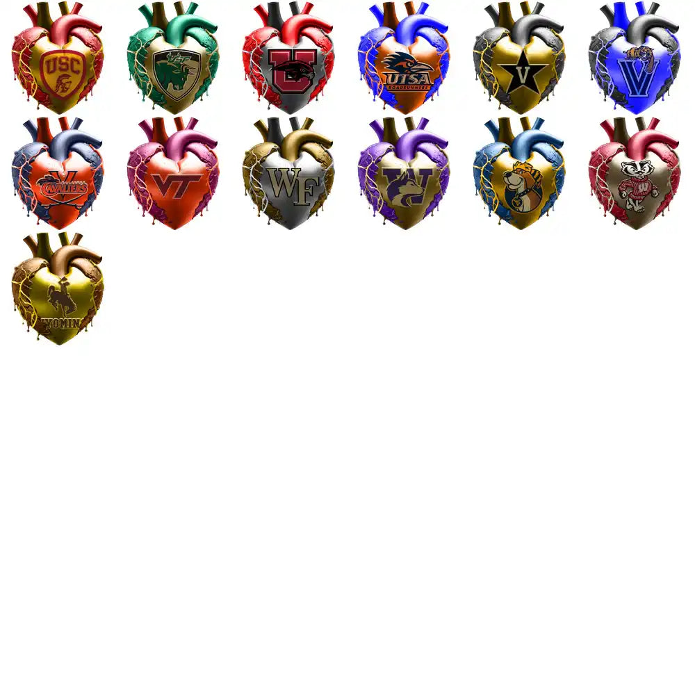 College team logos on heart-shaped designs for DTF/DTG and embroidery projects