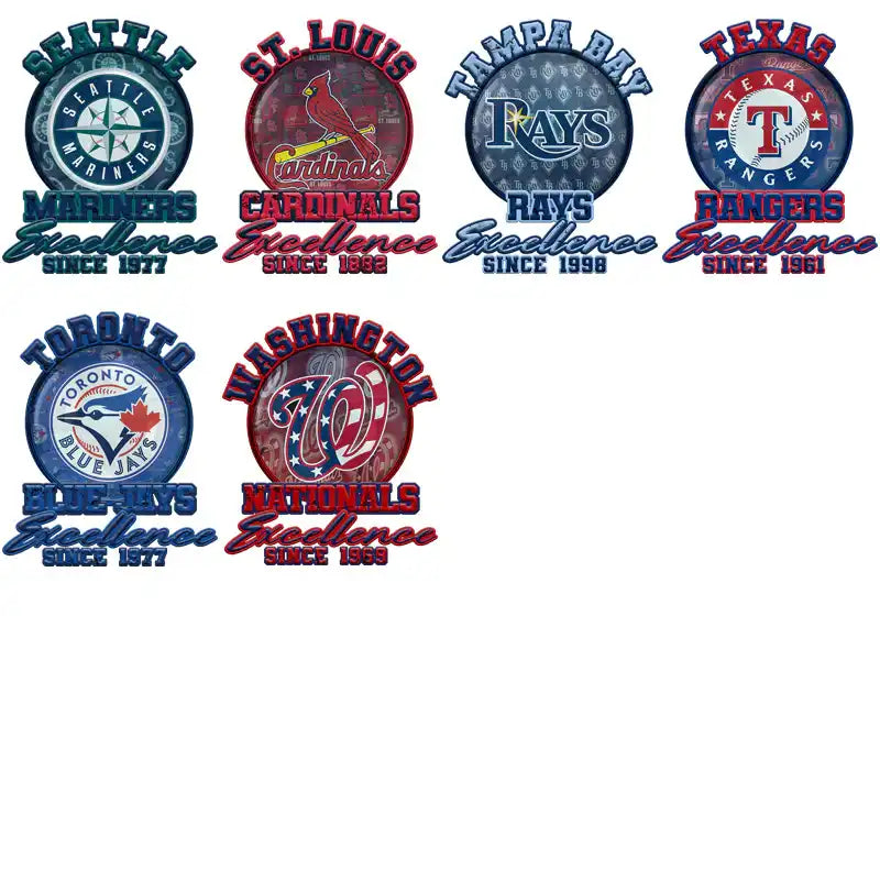 Baseball team logos: Mariners, Cardinals, Rays, Rangers, Blue Jays, Nationals with Excellence since year text