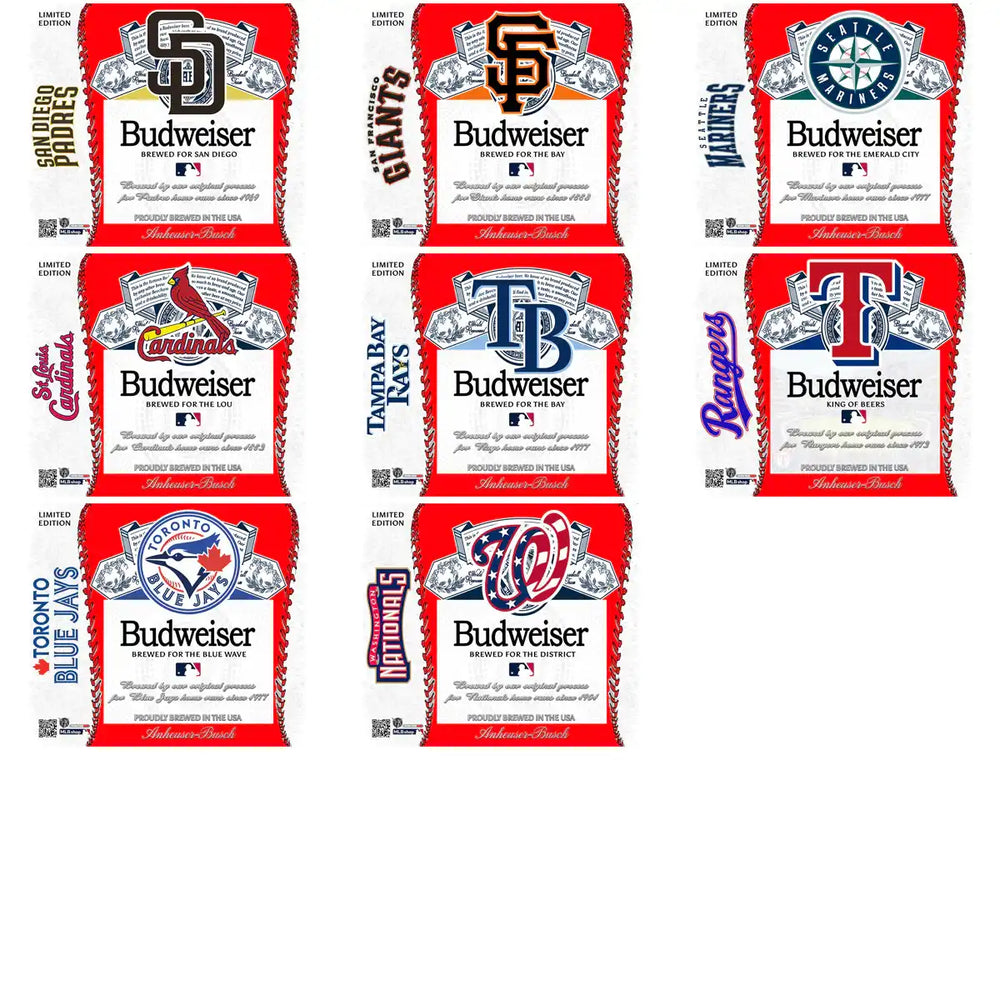 Budweiser MLB limited edition beer labels for various teams, print-ready designs for merchandise.