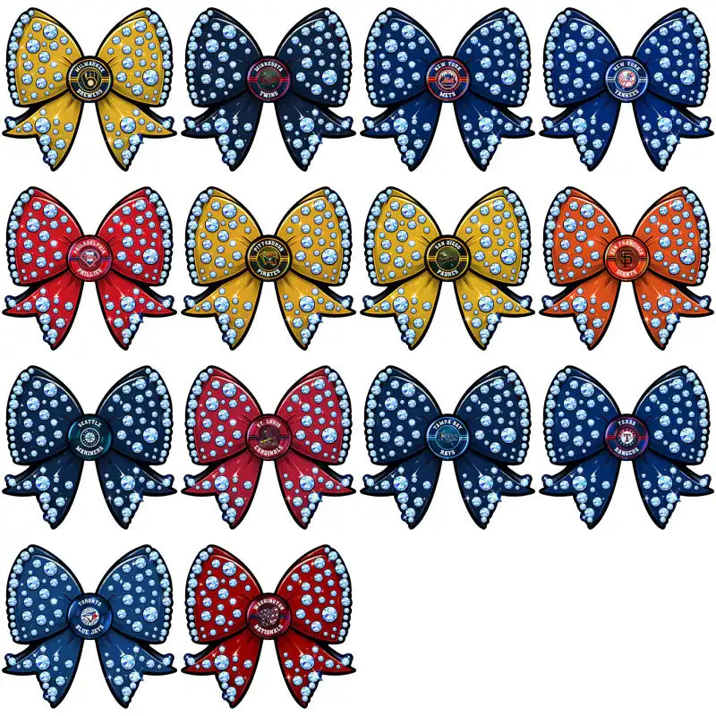 Sparkling MLB team bow designs for DTF/DTG, embroidery, and tumbler wraps, featuring vibrant colors and gem details.