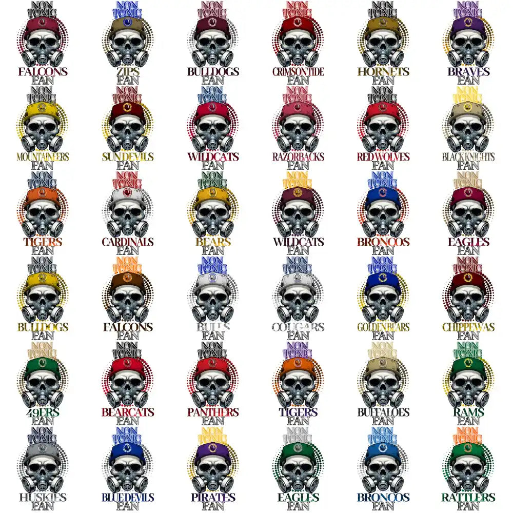 Skull designs with gas masks and team names for DTF/DTG printing, embroidery, and tumbler wraps