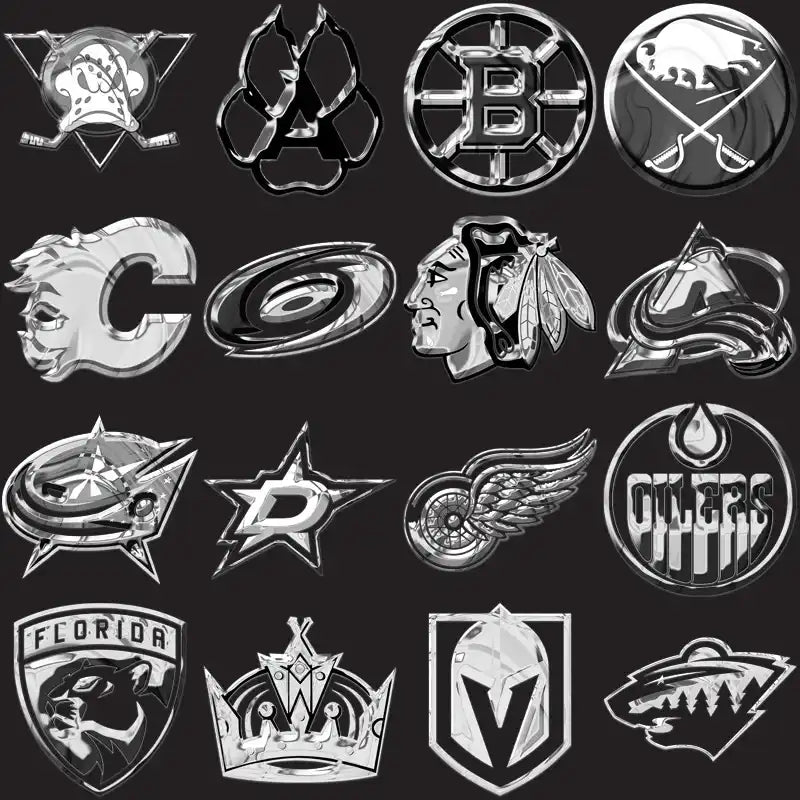 Metallic NHL team logos for DTF, DTG, embroidery & tumbler wraps. Print-ready PNG, SVG, PES designs.