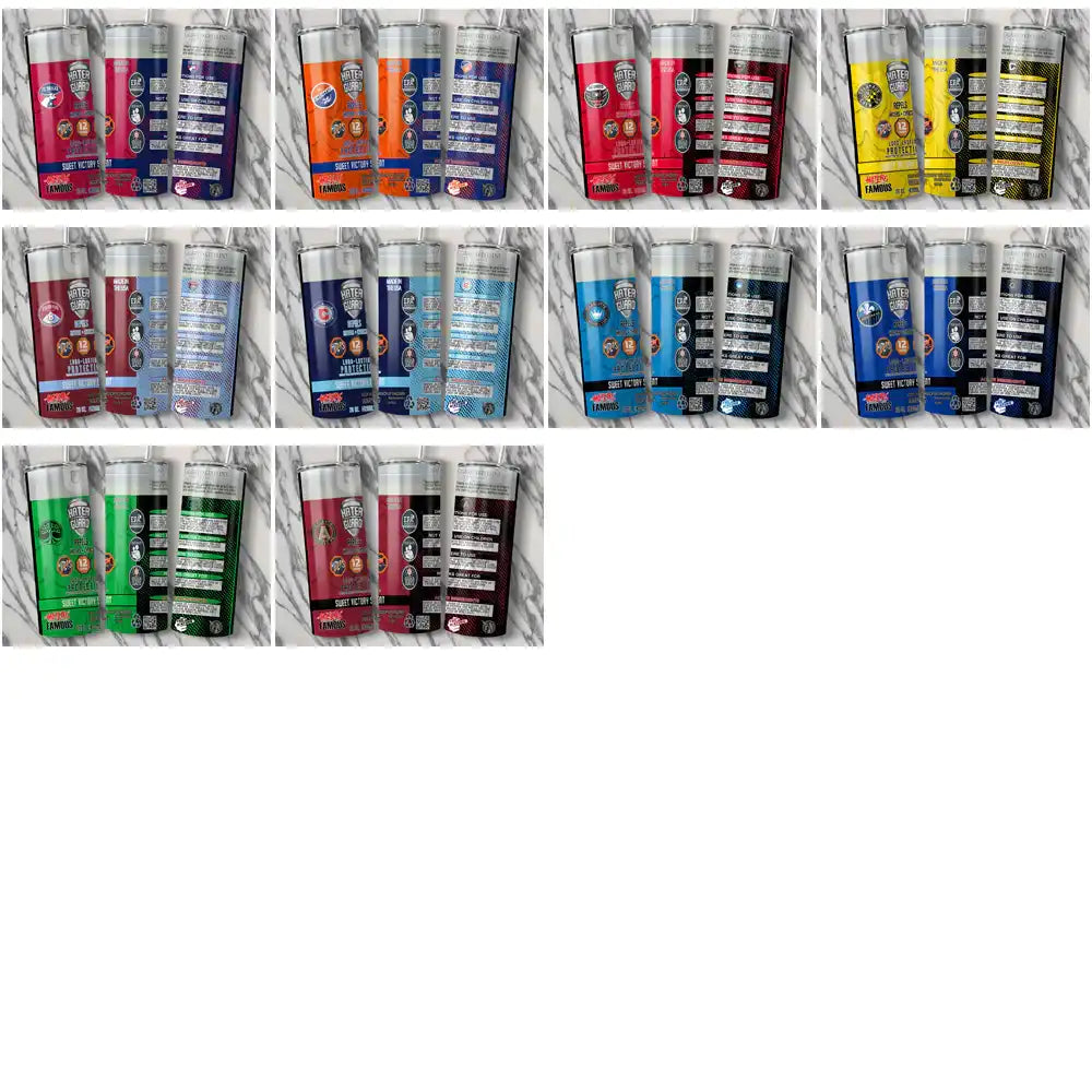 Colorful tumbler wrap designs with sports themes, perfect for DTF, DTG, or embroidery printing.