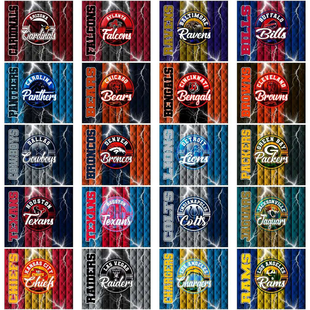 NFL team logos with lightning effects on quilted backgrounds, print-ready for DTF, DTG, embroidery